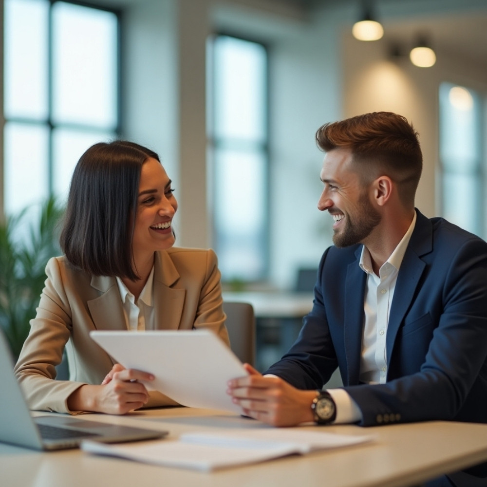 mann und frau bei einer befragung aktueller studien, beide personen sitzen an einem schreibtisch und unterhalten sich